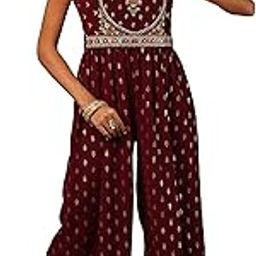 Women Zari Embroidered Yoke Allover Ethnic Motifs Foil Print Pleated Fusion Jumpsuit with Belt-picture-13