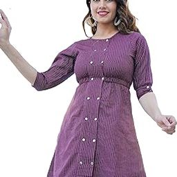Women's Cotton Straight Fit Straight Kantha Striped Printed 3/4 Sleeve Round Neck Short Kurta Tops-image-5