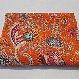 Bird Print Cotton Handmade Bedspread Kantha Quilt King Size Bohemian Bedspread Kantha Quilt Single (90 X 108 Inches (Queen Size), Orange)-image-2