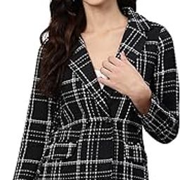 Women Black & White Checked Double-Breasted Pure Cotton Casual Blazer-30