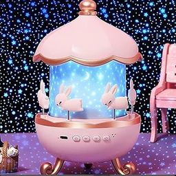 BHAVYAM Rotating Cabin Projector lamp Star Projector Night Light for Kids Bedroom 360 Rotation Starry Sky Projector Bunny Carousel Night Light Projector with Theme changeables-4