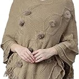 Women's Khaki Self Design Long Sleeves V-Neck Poncho-CHN-9951-5_Khaki-image-36