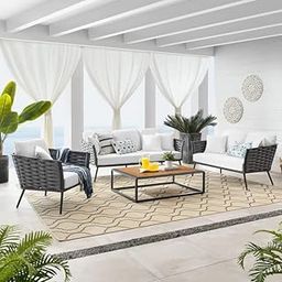 Mymigos Patio Furniture Set, 4 Pieces Porch Backyard Garden Outdoor Furniture Rope Sofa Set and Wooden Top Table Conversation Set in Grey and White Color-image-1