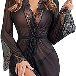 klovvy Women's Sheer Lace Trim Robe, Long Bell Sleeve, Mesh Nightwear with Belt-picture-28