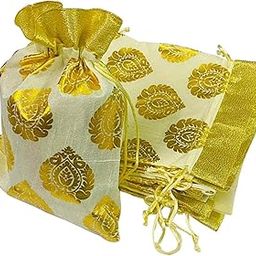 KRIWIN Pack of 25, 9 X 7 inch Medium Size Printed Silk Gift Bags/Potli/Pouches (White)-image-77