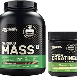 OPTIMUM NUTRITION (ON) Serious Mass High Protein High Calorie Weight Gainer Powder - 3 kg (Chocolate) & (ON) Micronized Creatine Powder - 100 Gram, Unflavored., 2 count, 33 servings-3