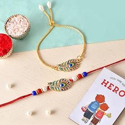 ascension Peacock Feather Designer Rakhi For Bhaiya Bhabhi Couple Set for Brother Bhabhi Raksha Bandhan Lumba Floral Bracelet with Fridge Magnet Gift & Roli Tilak-image-8