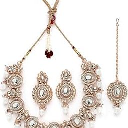 Traditional Gold Plated AD Stone Collar Bone Necklace Set With Earring And Maangtika | Jewellery Set For Women (NS105700)-image-26