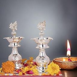 Sigaram 8 Inch German Silver Diya with Peacock Handle for Home Temple Pooja Decore K4240-image-38