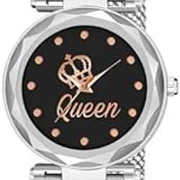Queen Black Dial Magnetic Strap Analog Watch for Girls and Women | Round Stainless Steel Case | Stylish Casual Wear-image-25