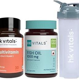 HealthKart hk vitals Fish Oil and Multivitamin (30 Tablets Each) | 1000mg Omega 3 with 180mg EPA & 120mg DHA |Combo Pack with Shaker, 650ml-1
