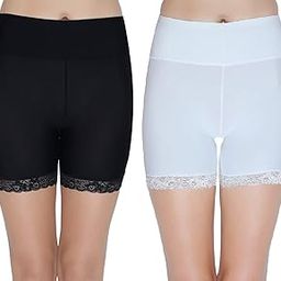 Women’s Ice Silk High Waist Tummy Control Seamless Boyshort Panties/Cycling Shorts with Lace, Free Size (Pack of 2) Black/White-image-48