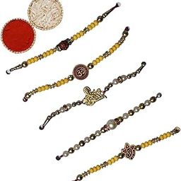 Set of 5 Traditional Rakhi for Brother with Roli Chawal | Om, Ganesha, Rudraksha & Pearl Beads Rakhi Combo | Raksha Bandhan Gift Pack for Bhaiya | Indian Festival Rakhi Set-image-79