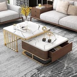 ECONODECOR Modest Square Coffee Table Set of 2 Marbled Look Nesting Stacking Tea Tables Luxury Sofa Center Table with Wooden Drawer Metal Frame for Living Room, Bedroom (Walnut & Gold - White)-7