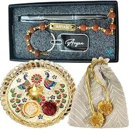 Premium Rakhi Gift Hamper for Brother – Name Rudraksh Rakhi, Pen, Keychain, Rakhi Aarti Thali with Haldi Kumkum, Brass Diya & Gift Bag | Raksha Bandhan Combo for Bhaiya-image-9