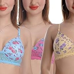 Women Padded Lace Cotton Non Wired Full Coverage, Push up Bra, Regular Use, Comfortable Bra, Pink Yellow Blue, Cup- B, Pack of 3 Combo Pack-51