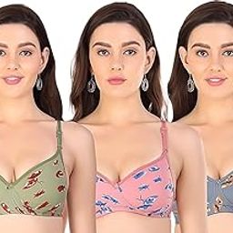 Women Cotton Blend Lightly Padded Non-Wired Full Coverage Peach Blue Green Color Everyday T-Shirt Bra with Detachable Strap Pack of 3-23
