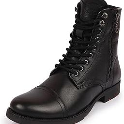 Men's High Top Genuine Leather Hook and 7-Eye Lace Up Side Zipper Cap Toe Classic Flat Boots-image-46