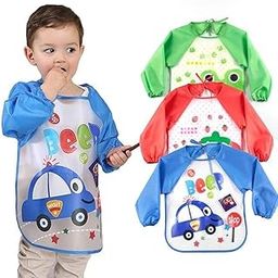 BabyGo Washable 3 Pcs Long Sleeve Bibs, Waterproof Baby Bibs, Toddler Sleeved Bib, Baby Smock for Eating Feeding, 6-24 Months (Multicolor)-17