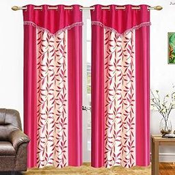Kosovo Californian Leaf Design of Polyester Curtain Set of 2 Piece with Stiched by Hybrid Colored Lace (Window - 4ft x 5ft) Pink-6