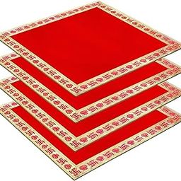 Pink Sky Velvet Aasan Mat | Pooja Aasan Mat | Golden Lace Satya Prayer Mat | Traditional Chowki Prayer Mat |Size : 12 x 12 Inch| Red (4, Square)-picture-8