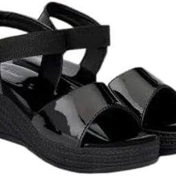 Reefox Women's Platform Wedges Heels | Black Heel Sandals With Stretchable Straps | Lightweight & Durable | Comfortable PVC Sole Heels for Girls & Women | for Casual & Formal Wear-picture-0