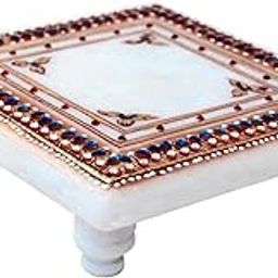 Handicrafts Paradise (6 x 6 inch) Marble Chowki Embellished with Kundans Bajot for God, Home Mandir, Idols Statues Pratima, Home Décor Showpiece-image-51