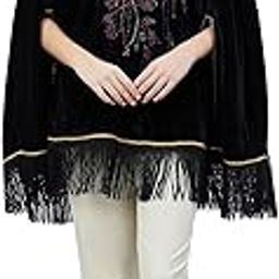 by Ramola Bachchan Women's Black Floral Sequinned Velvet Poncho-image-2