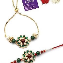 Most Beautiful Floral with Gold Plated Red Green Rakshabandhan Combo Lumba Rakhi for Brother Bhiaya Bhabhi with Roli Chawal & Greeting Card|Set of 2|CBRAKL107458-36