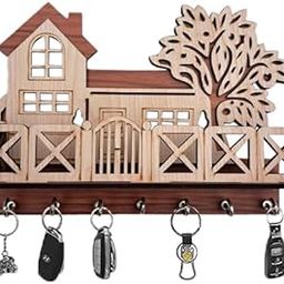 Tree House Wooden Keychain Holder (Brown and Cream) Imported Quality, 7 Hooks, 23 x 15 cm-image-76