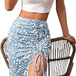 Women's Floral Print Midi Skirt with Drawstring Side Slit,Waist Midi Skirt for Spring |Summer|Women's Skirts Summer Knee Length Skirts-picture-0