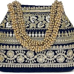 Blue Floral Potli Purse for Women Handmade Ethnic Handbag Stylish Bridal Fashion Wristlet Bag for Girls-image-67