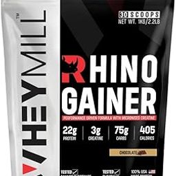 RHINO Mass/Weight Gainer With Creatine Monohydrate | 1 kg / 2.2 lb | 30 Scoops, 380 Kcal, 22g Protein, 3g Creatine | Advance Gaining Formula | Chocolate-22