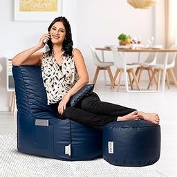 Amazon Brand - Solimo Premium Faux Leather Chair Bean Bag Combo with Footrest & Cushion, Filled with Beans | Capacity: Upto 6 Ft 3 in Height, 120 KG Weight | Navy Blue-image-55
