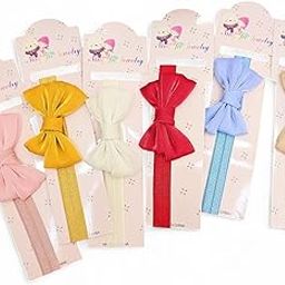 Baby Girls Hair Bow Headbands Set, Elastic Band, 6 Colours - Pink, Yellow, White, Red, Blue, Beige-image-48