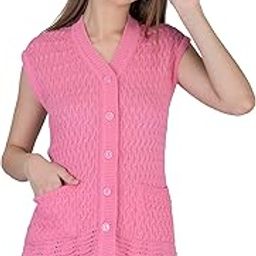 Women Woolen Cardigan Sleeveless Self Design Cardigan Daffodil Fabric Winter Wear Pure Wool Cardigan 100% Daffodil Wool Free Size Cotty Fully Warm with Front Pockets (XL, Pink)-8
