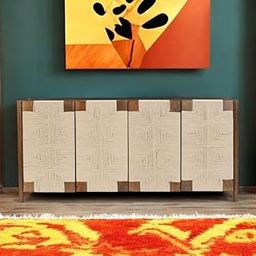 TGF Furniture Store Modern Textured Sideboard Cabinet – 4-Door Wooden Storage Console in Cream and Walnut Finish – Stylish Buffet Credenza for Living Room, Dining, or Entryway-image-15