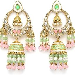 karatcart Gold Plated Pink and Lime Green Beads Kundan Dangler Jhumki Earrings for Women-picture-22