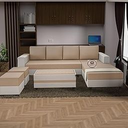 Right Facing Upholstered L Shape 8 Seater Sofa Set | Sectional Swed Fabric Sofa Set with Centre Table, 2 Puffy Ottomans & 4 Small Pillow for Living Room & Drawing Room | Beige & White-image-21