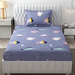 FRESH FROM LOOM Glace Cotton Wrinkle Free Soft Hypoallergenic Bed Sheet | Cartoon Printed Single Bedsheet For Kids With One Pillow Cover (60X90 Inches/Fish/Blue), 144 tc-picture-26