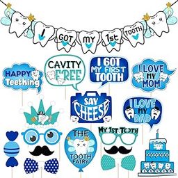 Zyozique 16 Pcs I Got My First Tooth Photo Booth Party Props 1 Set I Got My First Birthday Paper Banner/First Tooth Decoration/First Tooth Decoration Items for Baby (Pack of 17)-image-60