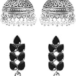 Combo of 2 pairs Ethnic German Silver Oxidised Traditional Jhumka Chandbali Earrings for Women And Girls-16