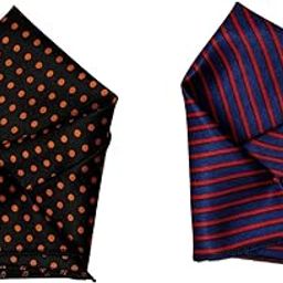 Men's Satin Pocket Square – Black with Orange Polka Dots & Navy Blue with Red Stripes – Stylish Handkerchief Set for Suit, Tuxedo, and Formal Wear-picture-16