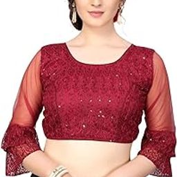 AVINLE Embellished Round Neck Net Designer Blouse Three-Quarters Sleeve Readymade Saree Blouse for Women (Maroon, 34)-image-90