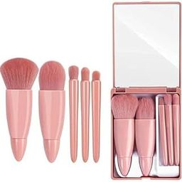 Jenibri 5 in 1 Professional Small Mini Mirror Makeup Brush Kit for Face Eye Shadows Eyeshadow Powder Blush Cosmetic Case Set Cleanser for Women Foundation Travel Brushes for Girl Female (PINK)-image-98