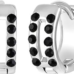 Rhodium Plated Double Line Black Crystals Hoop Bali Piercing Mens Earrings (ER1109838RMen)-image-40