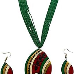 Terracotta Necklace Set for Women and Girls, Handmade Terracotta Jewelry, Handmade Necklace earring - Green Necklace Earring, Clay Work Jewelry for Women-image-66