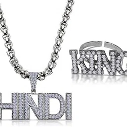uniqon X000383 Combo Of Unisex Crystal Diamond Nug/Stone Funky Vintage MC Stan Hindi Iced Out Hip Hop Locket Pendant Necklace With Box Chain And King Adjustable Open-Cuff Thumb Finger/Knuckle Ring-picture-1