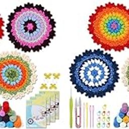 PATPAT® 8PCS Floral Crochet Coaster Kit DIY Starter Set for Beginners with Ergonomic Hooks Vibrant Yarns Needle Step Guide Decorative Tea Coasters Random Colors Multicolor-image-35