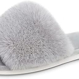 Women's Fuzzy Faux Fur Slippers Flat Spa Slide Fluffy Open Toe House Shoes Indoor Outdoor Slip on Memory Foam Sandals-8